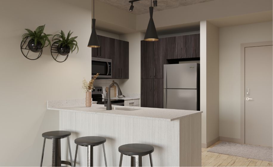 REV Student Living in-unit kitchen with stainless steel appliances