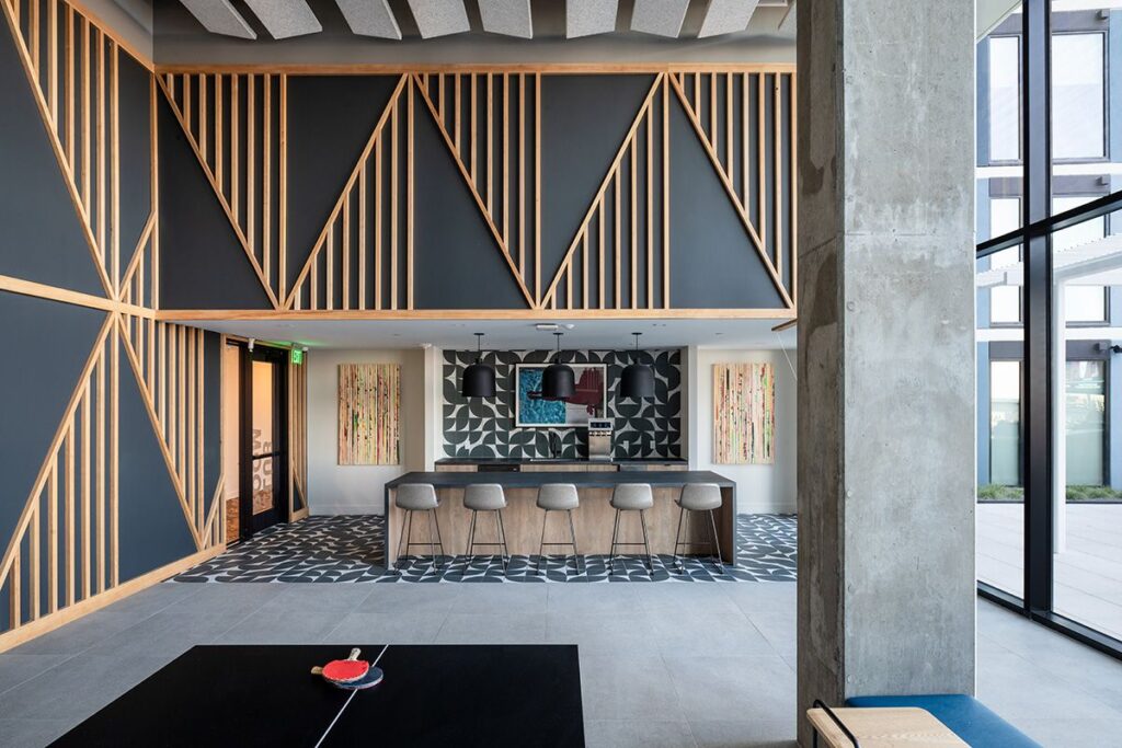 REV Student Living Luxury Lounge with Art Deco Designs, Coffee Machine, Bar, and Ping Pong Table