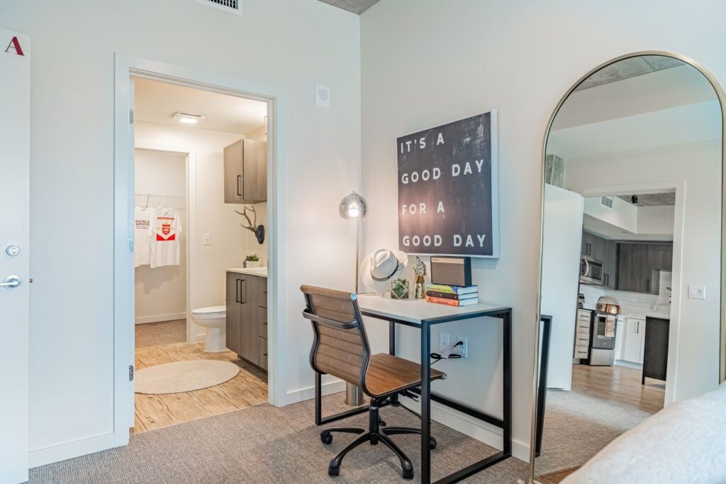 Rev Student Living Male Bedroom with Desk and Master Bathroom