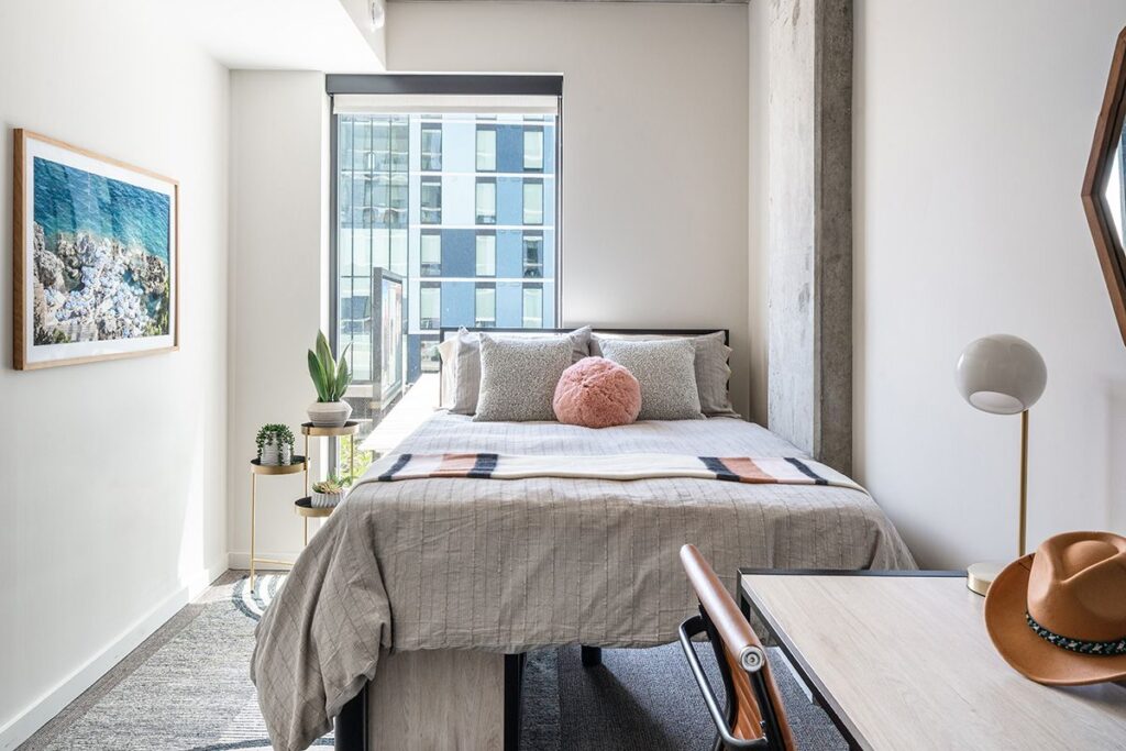 Rev Student Living Modern Bedroom with Full Bed and Desk