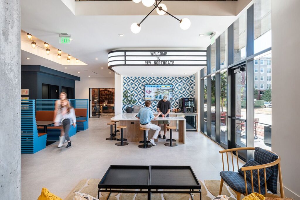 Rev Student Living Lobby with Seating and Coffee Machine